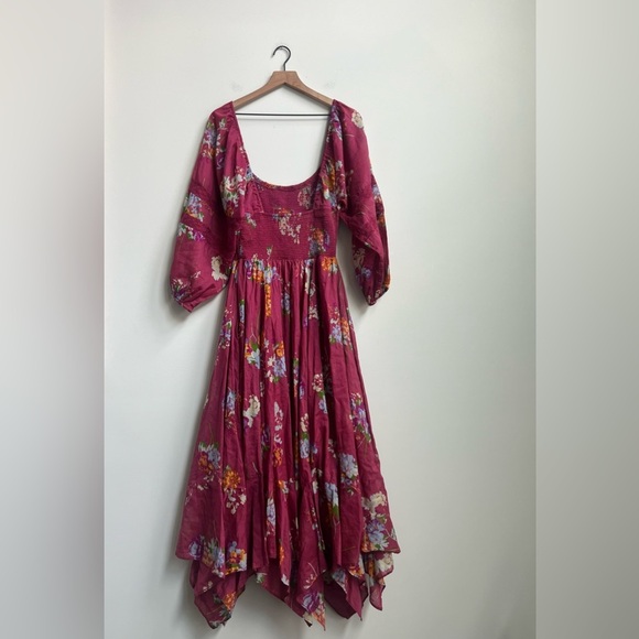 Free People Morning Glory Floral Maxi Dress Earth Red Smocked Handkerchief M - Picture 13 of 14